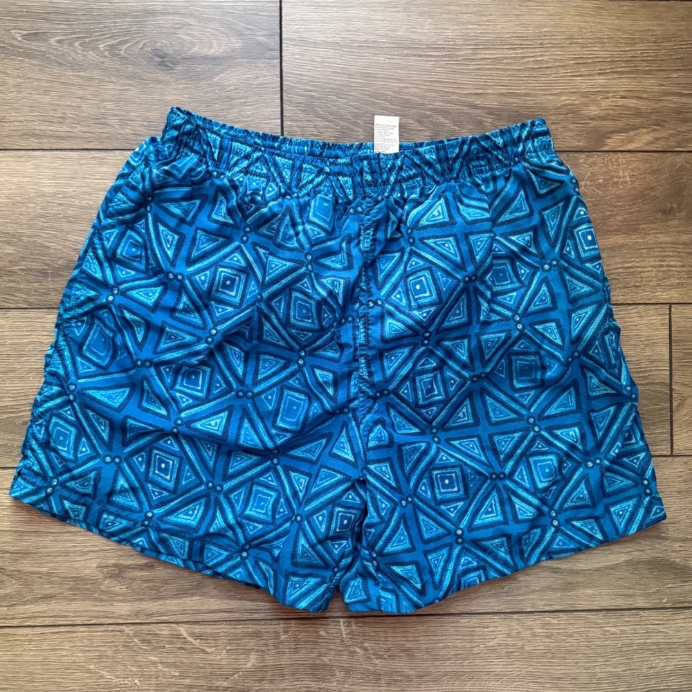 Basic Editions Mens Blue Geometric Triangle Swim Trunks Shorts Mesh Lining L